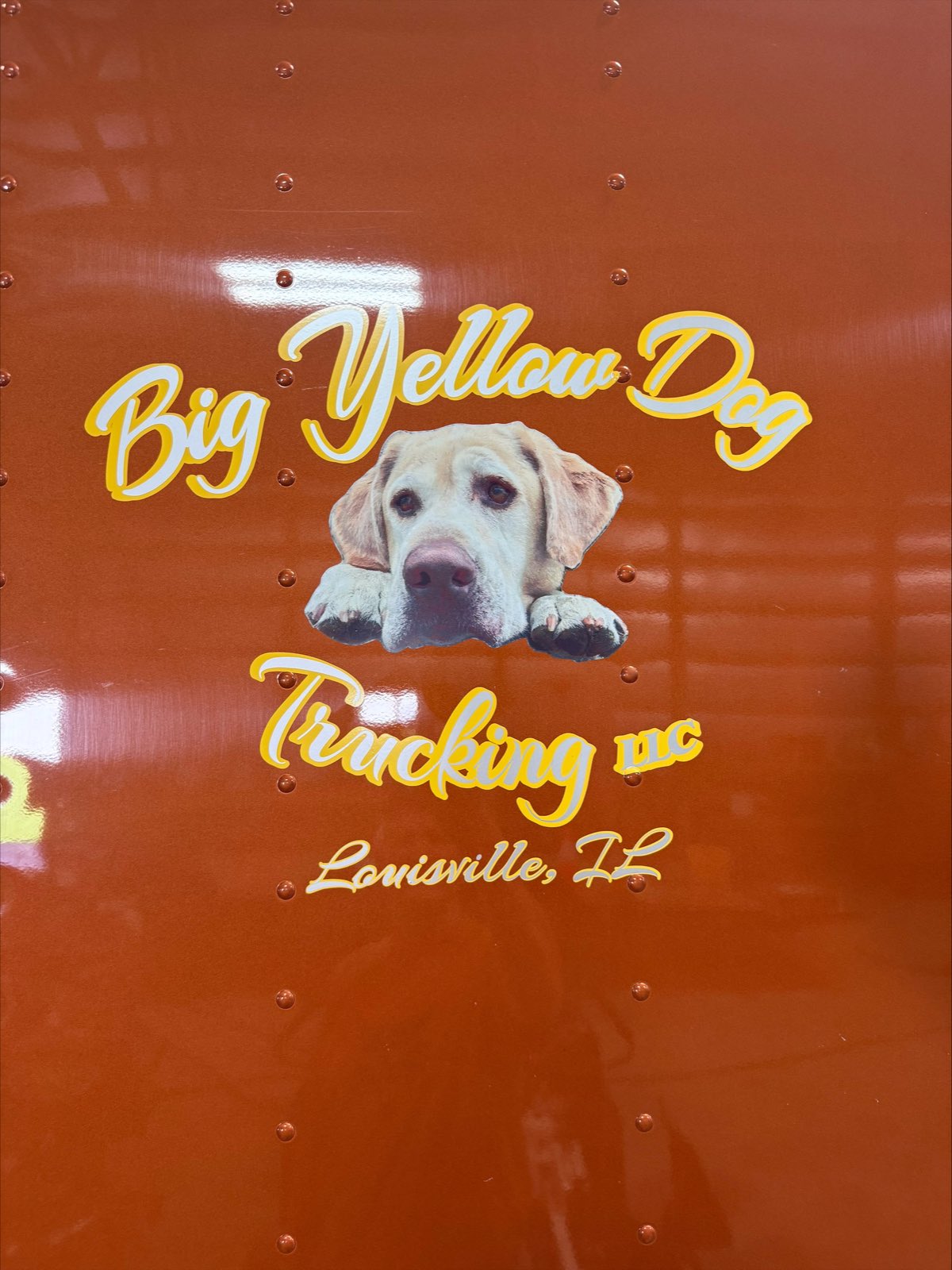 Big Yellow Dog Trucking logo painted on the side of the orange semi trailer