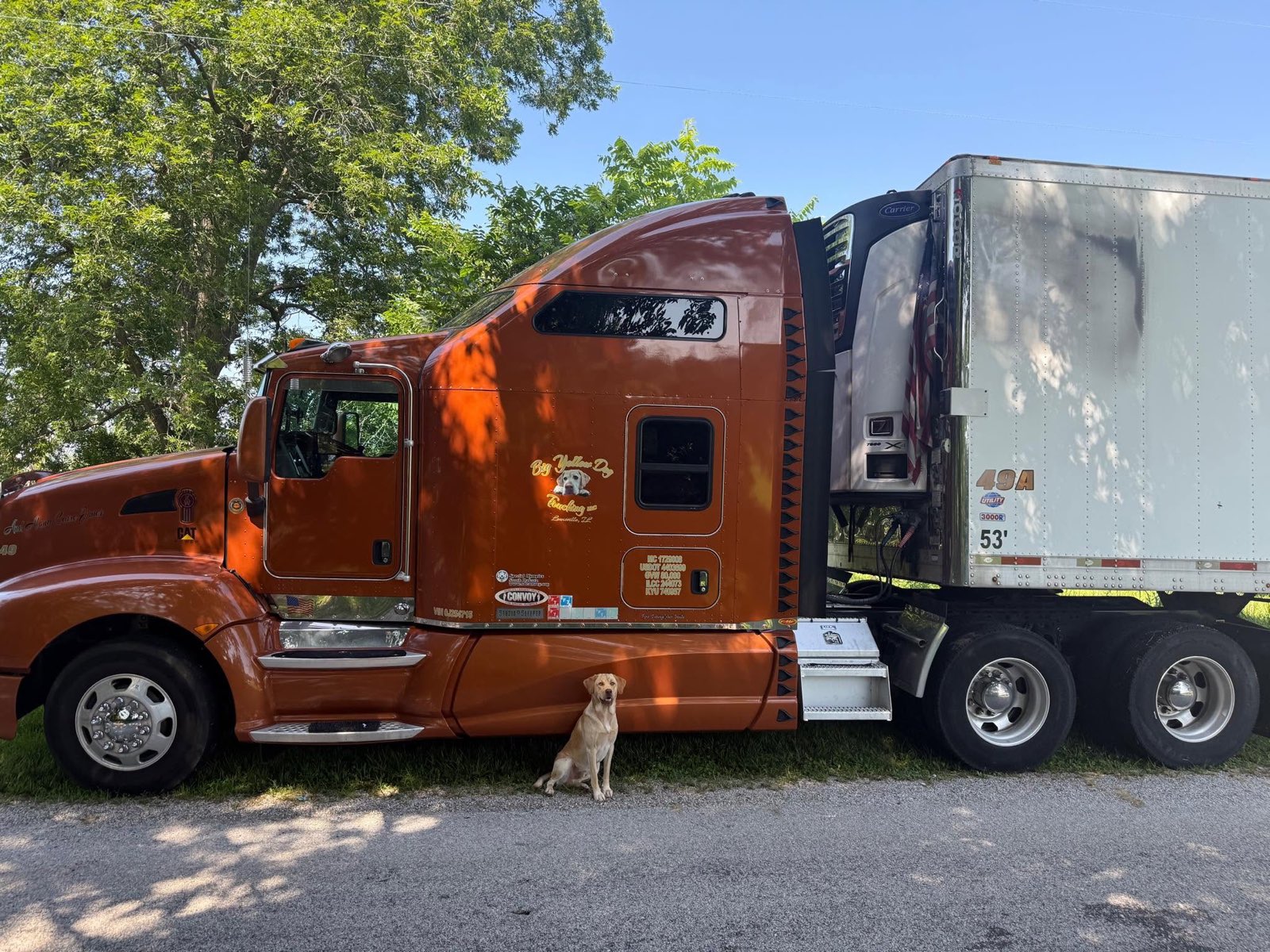 Full side view of the orange semi and 53-foot reefer trailer with Archie sitting alongside